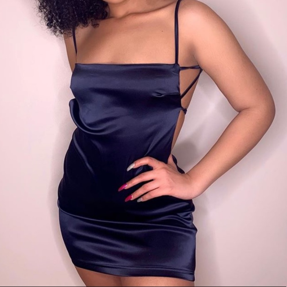 Strappy satin navy blue mini dress
